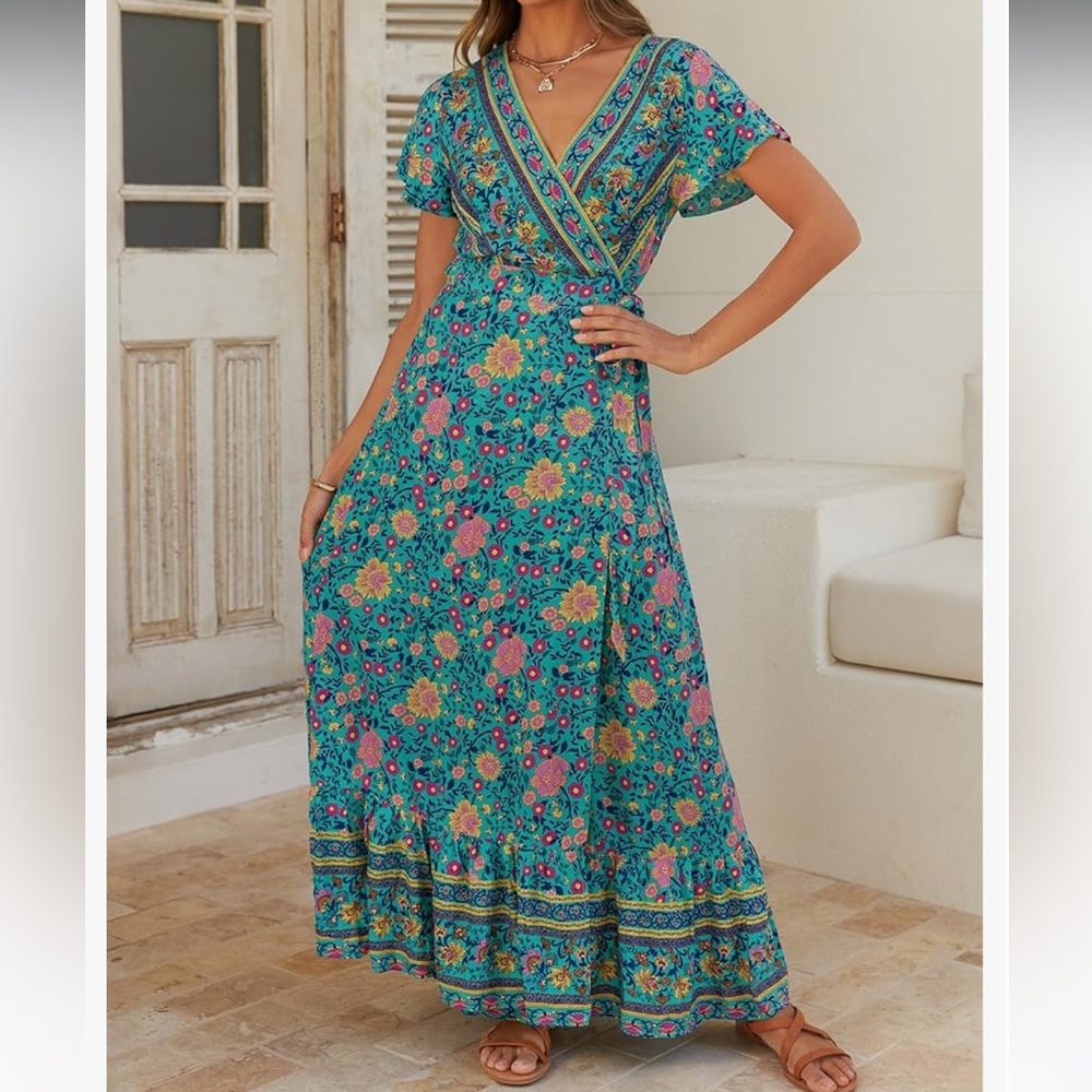 ZESICA Boho Floral Printed Wrap V Neck Short Sleeve Split Maxi Dress Siz…